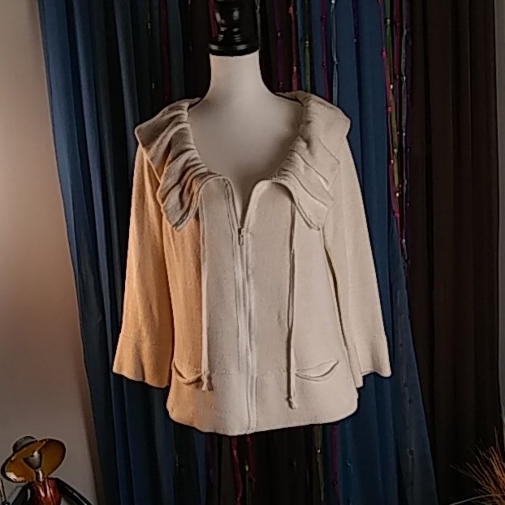 Sweater, Cream, Zipper Front, Shawl Collar, Sz L